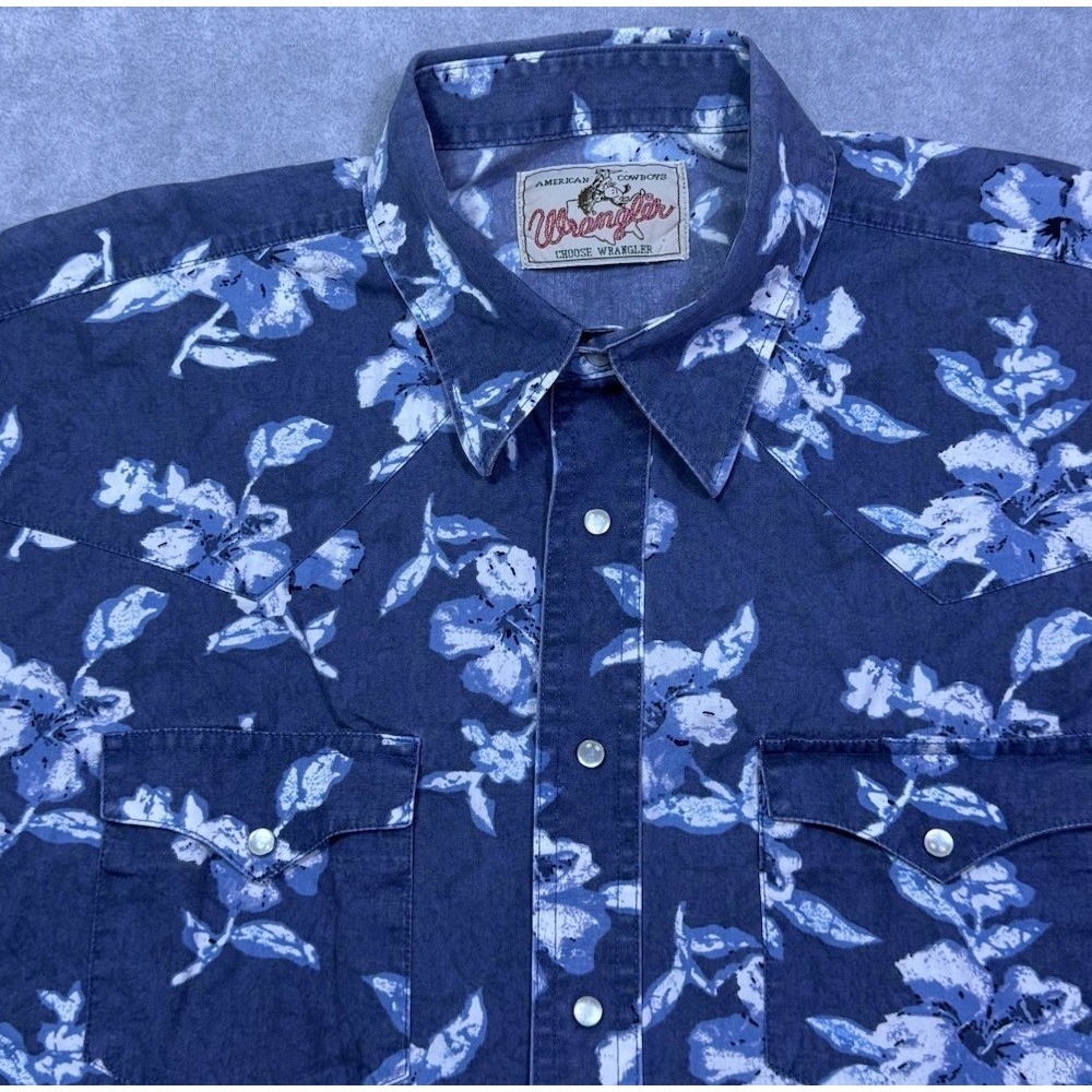 VINTAGE Wrangler Pearl Snap Shirt Mens XL Blue Floral AOP Cowboy Rodeo 90s